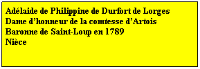 Zone de Texte: Adlaide de Philippine de Durfort de Lorges
Dame dhonneur de la comtesse dArtois 
Baronne de Saint-Loup en 1789
Nice
